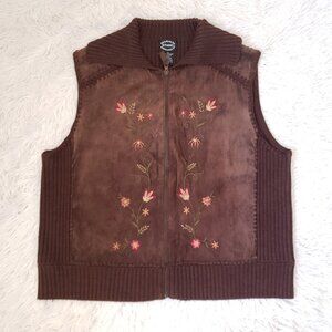 VTG Women's Designers Studio Originals Leather Embroidered Zip Vest XL Brown